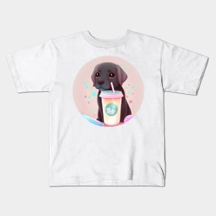 Cute Kawaii Chocolate Labrador Drinking Bubble Tea - Adorable Dog Lover Gift and Fun Animal Art Kids T-Shirt